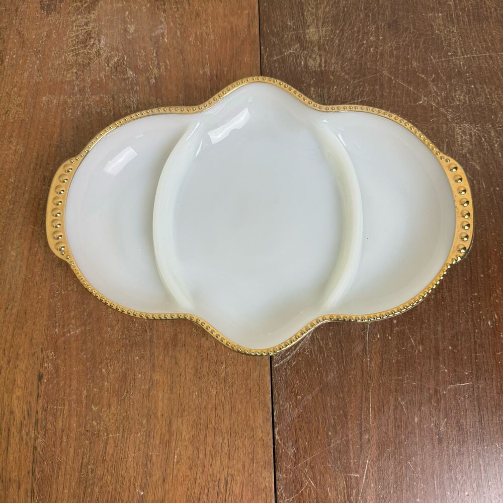 VTG Fire King 3 Section White Gold Trim Dish Anchor Hocking Milk Glass Oven Safe